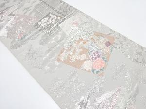 九百錦　プラチナ箔　色紙に御所車・草花模様織り出し　袋帯